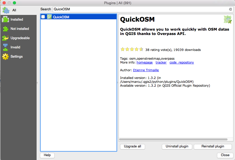 Copie d&rsquo;écran de l&rsquo;installation du plugin QuickOSM