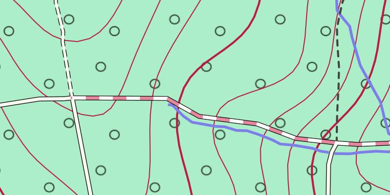 Extrait d’une carte OpenArdenneMap avec 3 classes de chemins et un sentier